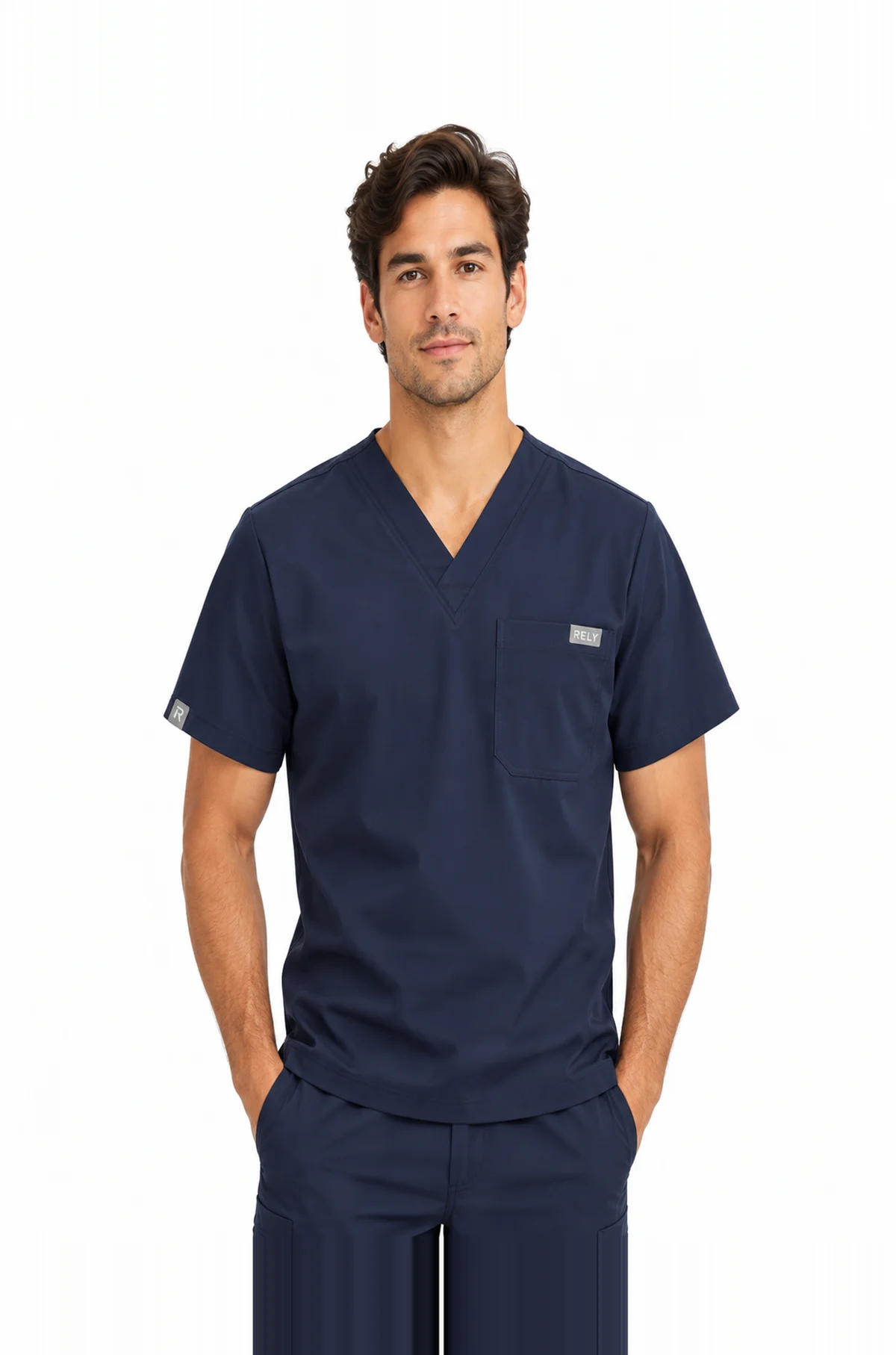 Men's V-Neck Set in Navy, top worn by a model