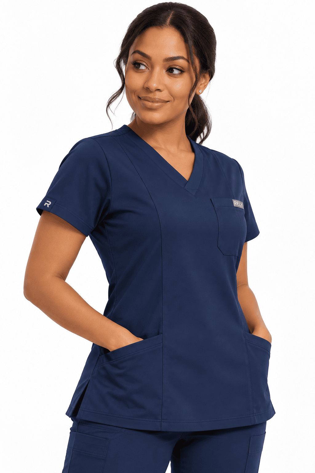 V-Neck Set in Navy, top worn by a model