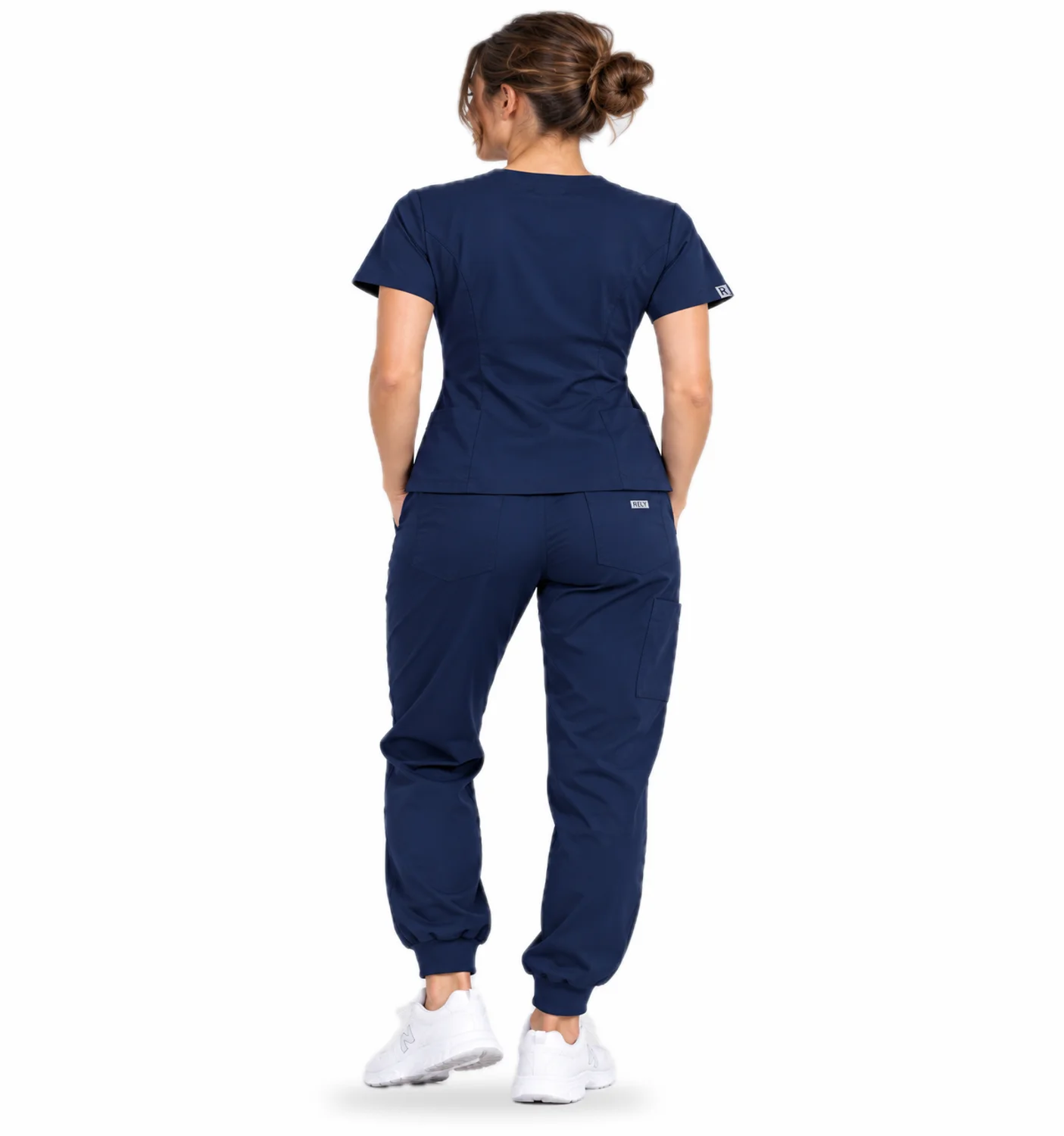 V-Neck Set in Navy, worn by a model, seen from the back